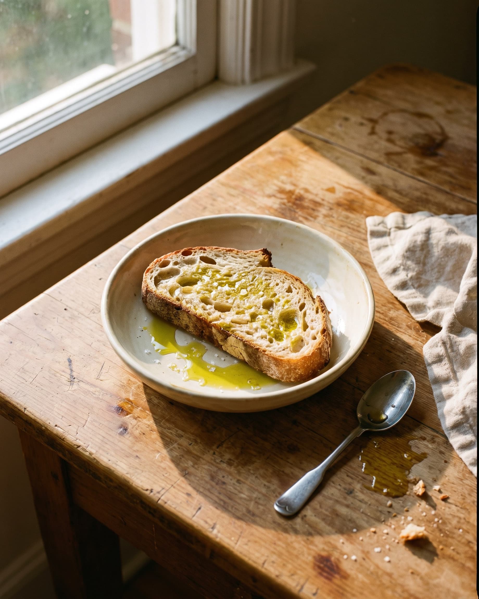 Warm bread, olive oil, salt